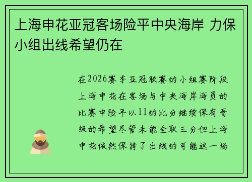 上海申花亚冠客场险平中央海岸 力保小组出线希望仍在
