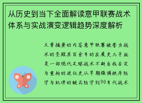 从历史到当下全面解读意甲联赛战术体系与实战演变逻辑趋势深度解析
